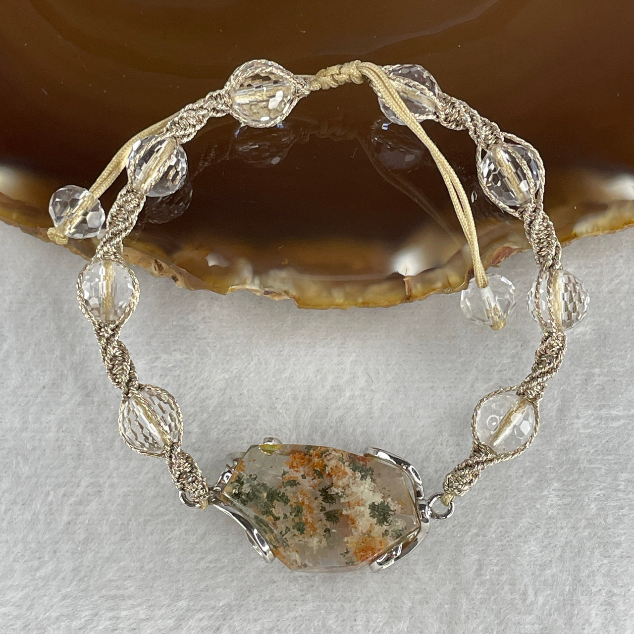 Natural Green with White and Orange Phantom Quartz Odd Shape with Man Made Beads String Bracelet 17.34g 15-18cm 26.1 by 16.3mm 1 Bead - 8.2mm 8 Beads