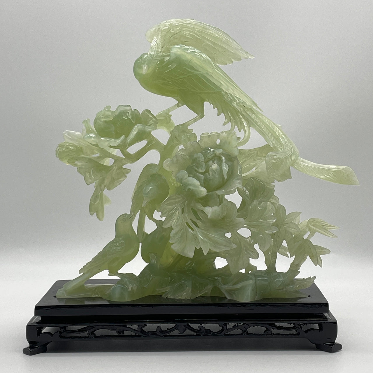Natural Jelly Green Serpentine Phoenix on Flower Tree with Twin Birds with Wooden Stand Display 1,620.0g 250.0 by 125.0 by 265.0mm