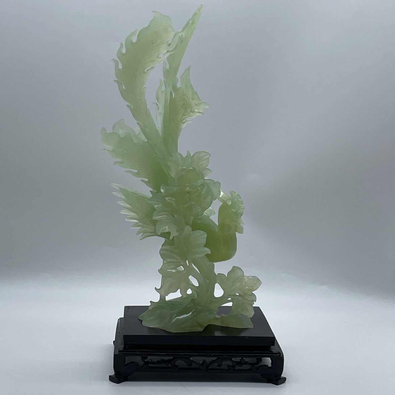 Natural Green Serpentine Phoenix on Flower Tree with Wooden Stand Display 1,186.0g 165.0 by 135.0 by 350.0mm