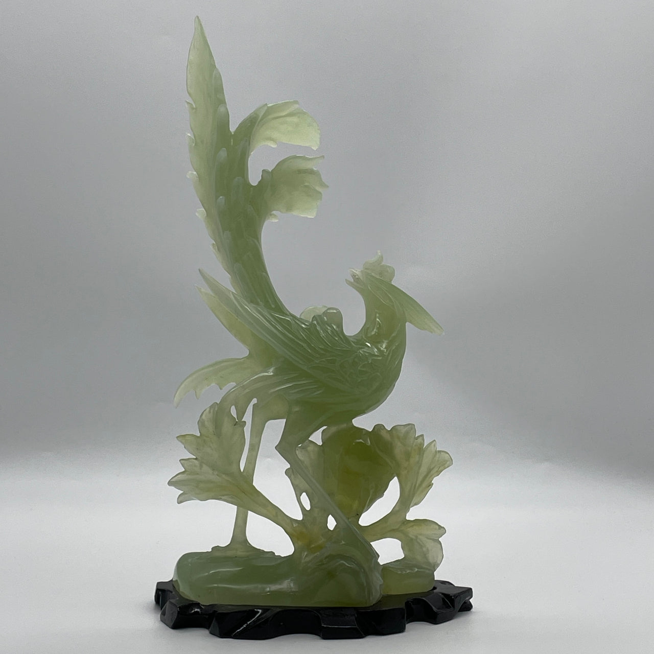 Natural Green Serpentine Phoenix on Tree with Wooden Stand Display 830.1g 165.0 by 90.0 by 300.0mm