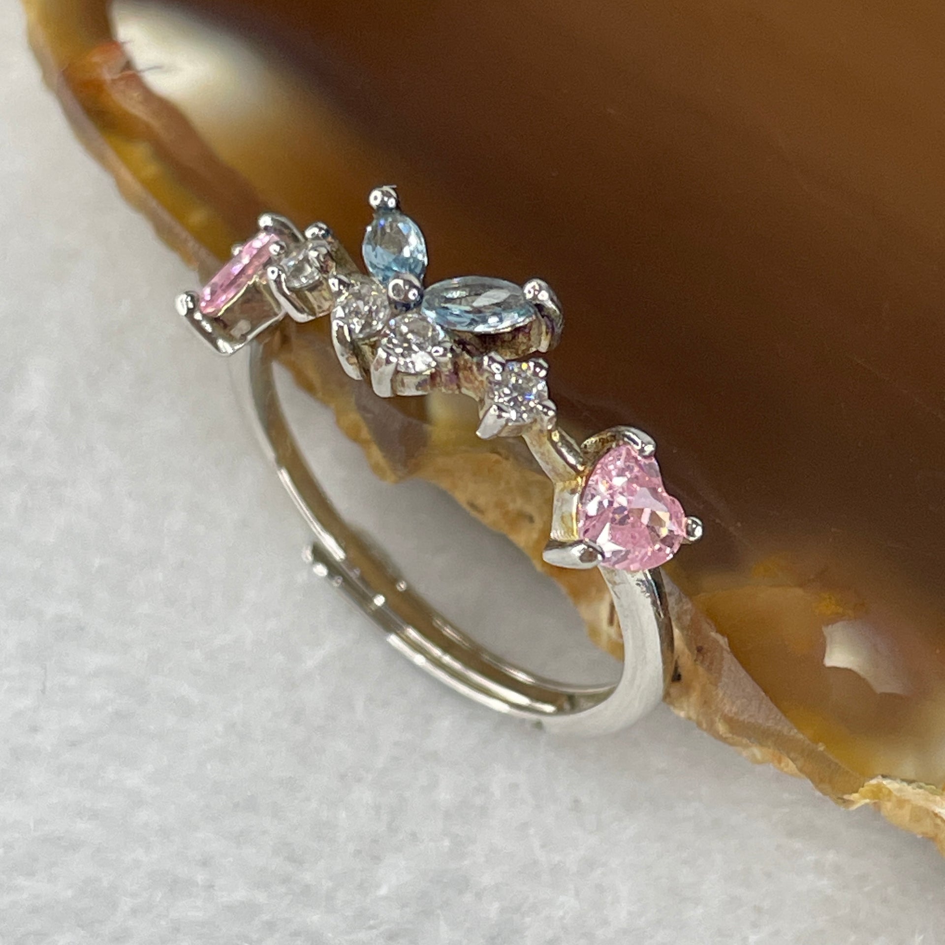 Natural-Pink-Kunzite-and-Blue-Topaz-with-Cubic-Zirconia-in-S925-Sliver-Ring-1.59g-4.5-by-4.5-by-2.0mm-Pink-4.0-by-2.0 by-1.5mm-Blue(adjustable-size)