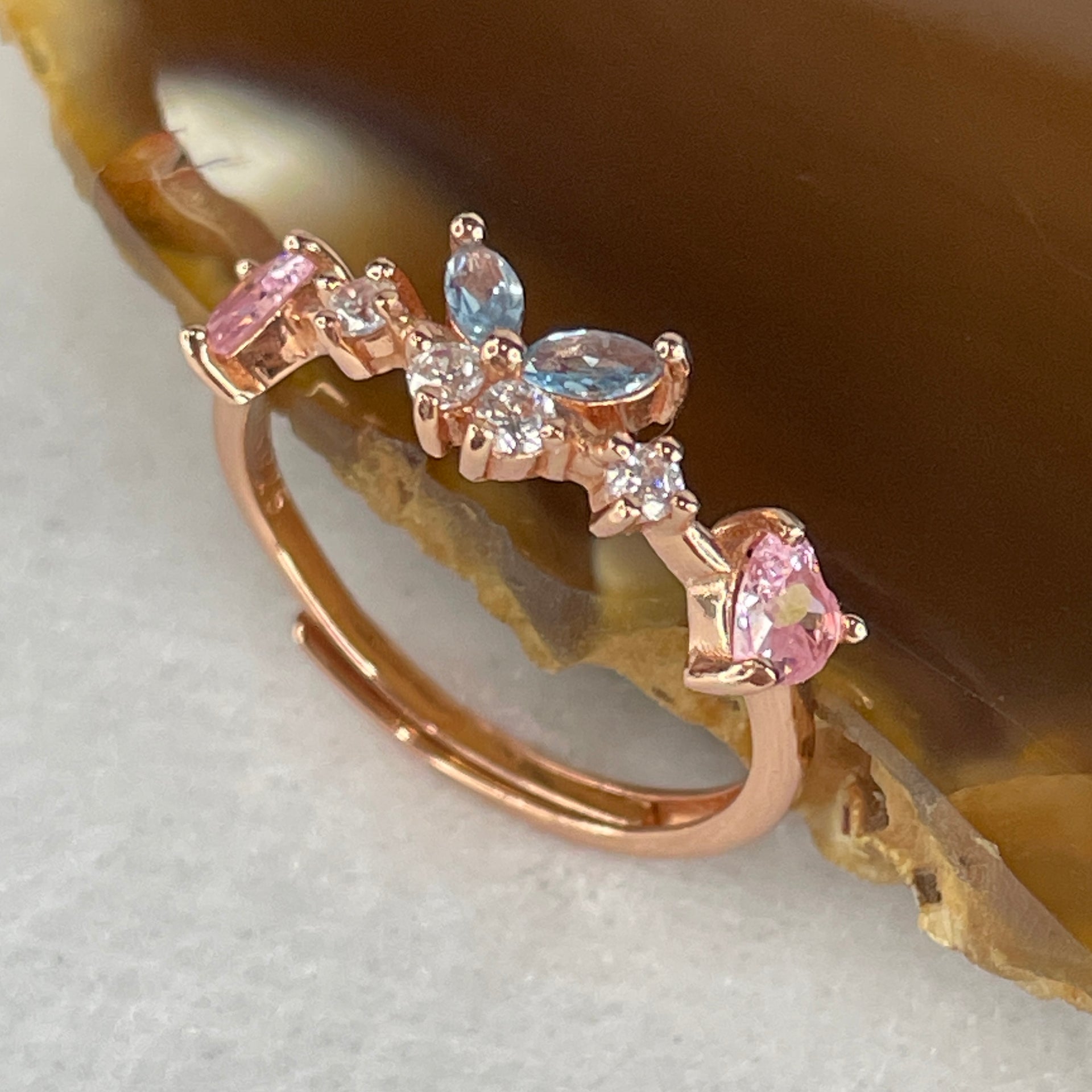 Natural-Pink-Kunzite-and-Blue-Topaz-with-Cubic-Zirconia-in-S925-Sliver-Gold-Color-Ring-1.63g-4.3-by-4.3-by-2.0mm-Pink-4.0-by-2.0-by-1.2-Blue-(Adjustable-Size)-Huangs-Jadeite-and-Jewelry-Pte-Ltd