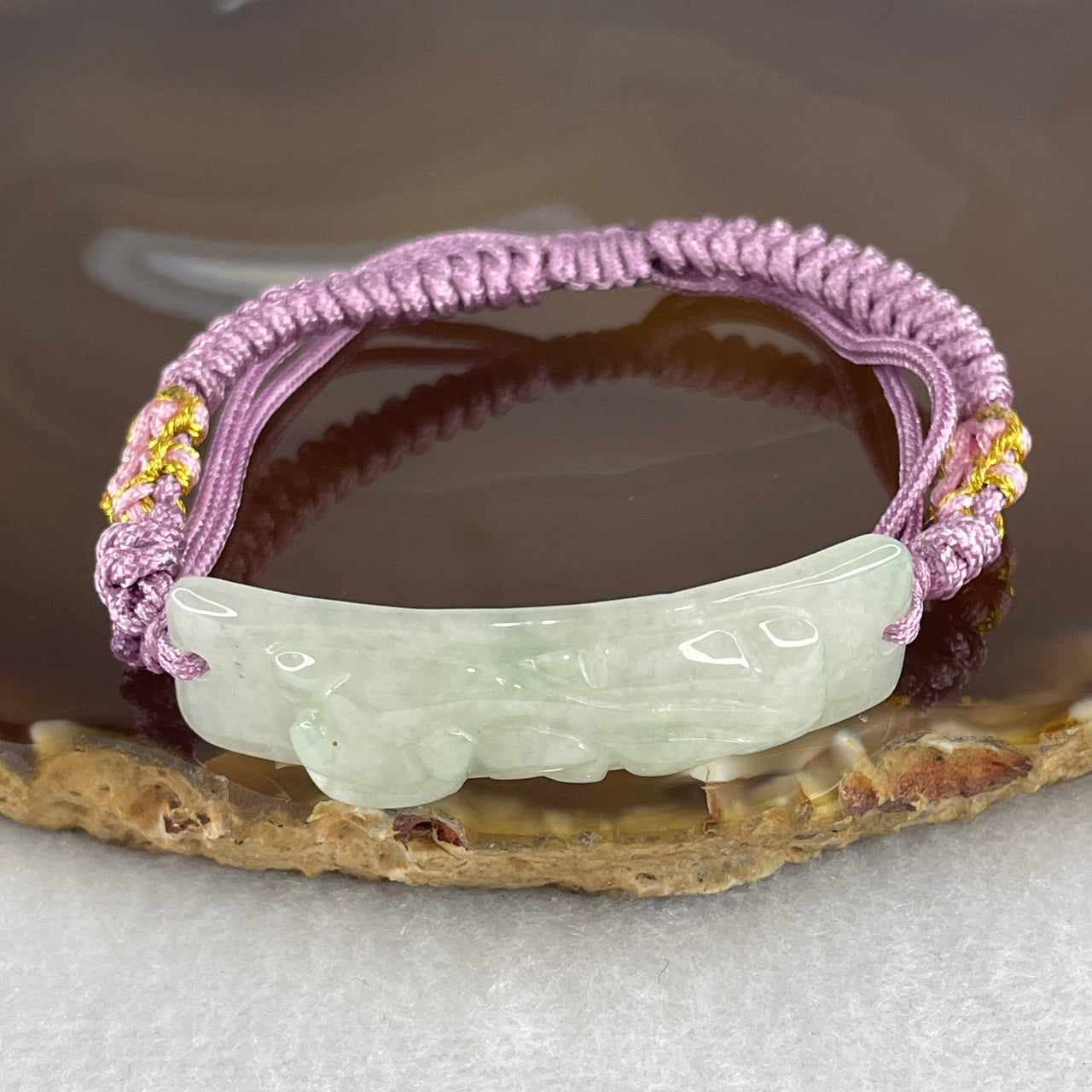 Certified Natural Type A Jelly Light Green Jadeite Pixiu in String Bracelet 9.31g 46.7 by 12.4 by 6.1mm