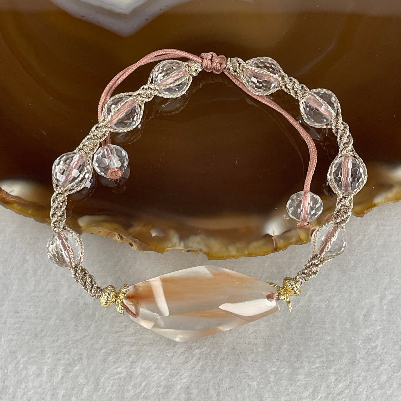 Natural Rabbit Hair Rutilated Quartz Odd Shape with Man Made Beads String Bracelet 19.81g 15-18cm 33.9 by 19.5 by 15.0mm Odd Shape - 7.8mm 8 Beads