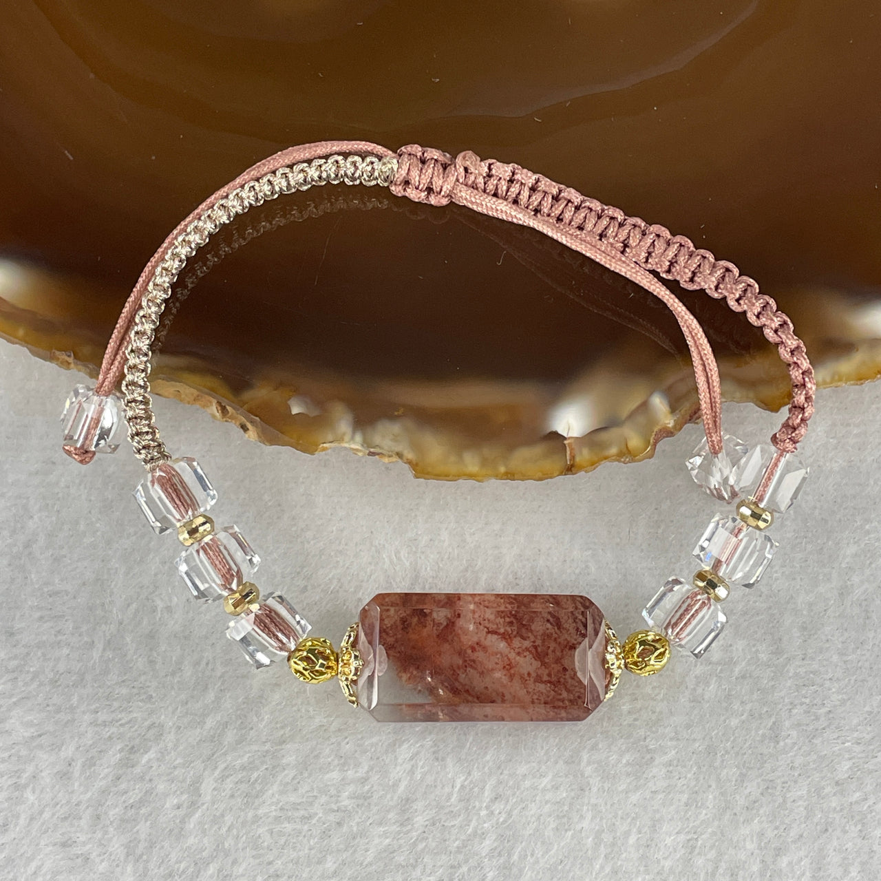 Natural Red Phantom Quartz Triangular Shape with Man Made Beads String Bracelet 10.96g 15-18cm 23.6 by 12.3 by 9.8mm 1 Bead - 6.4mm 6 Pcs