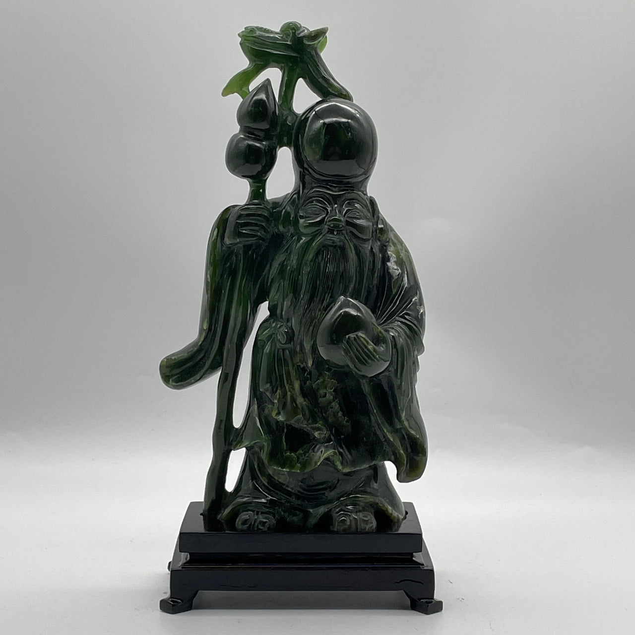 Natural Dark Green Serpentine Shou Xing Gong with Wooden Stand Display 1,719.2g 125.0 by 70.0 by 260.0mm