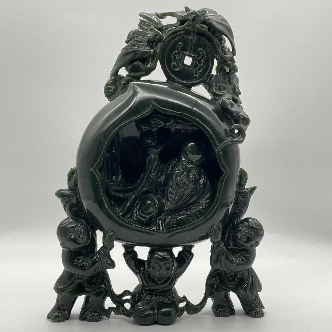 Natural Dark Green Serpentine Shou Xing Gong with 3 Tong Zi and Bats on Coin 4,090.7g 215.0 by 80.0 by 300.0mm