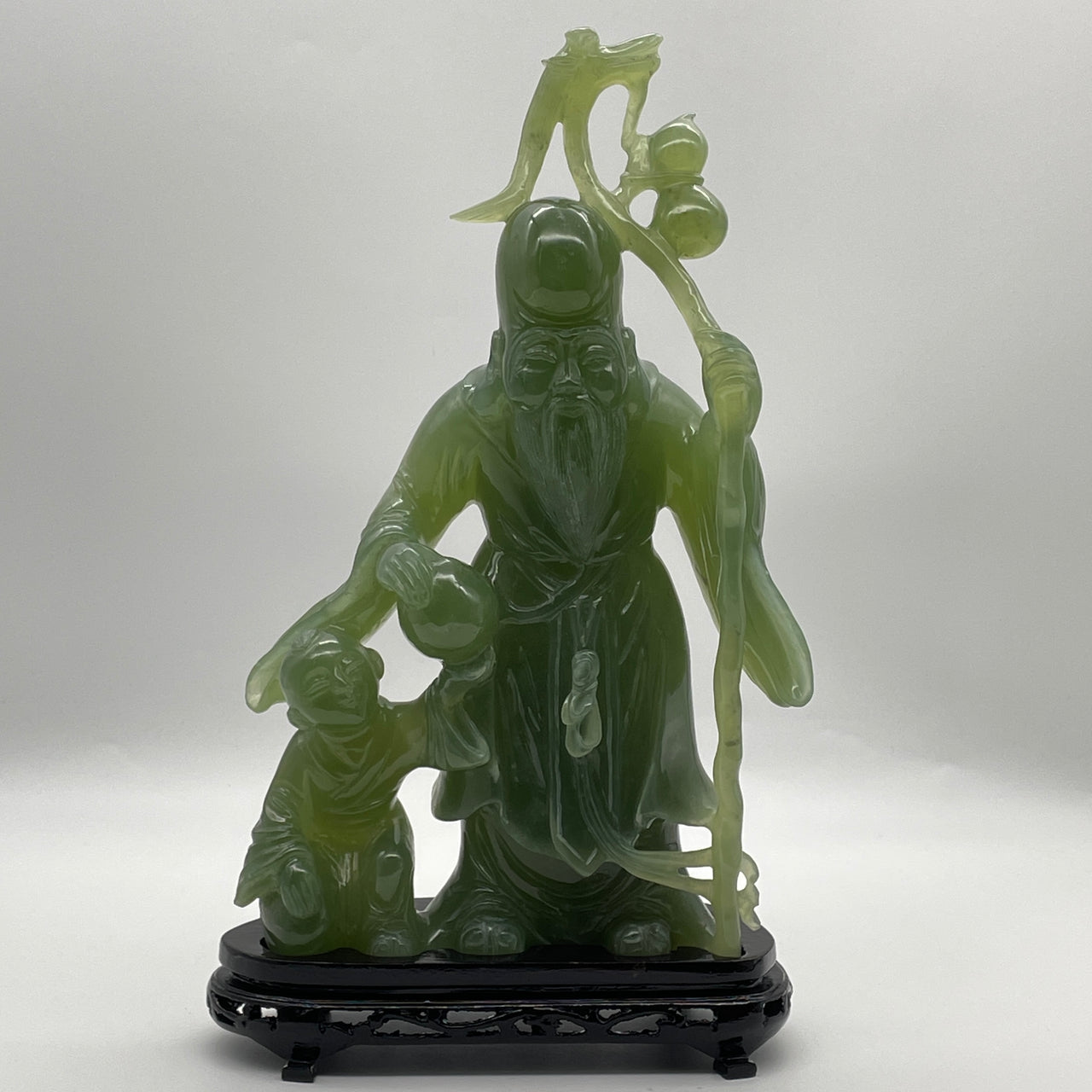 Natural Semi Icy Dark Green Serpentine Shou Xing Gong and Tong Zi with Wooden Stand Display 2,139.7g 170.0 by 83.5 by 300.0mm