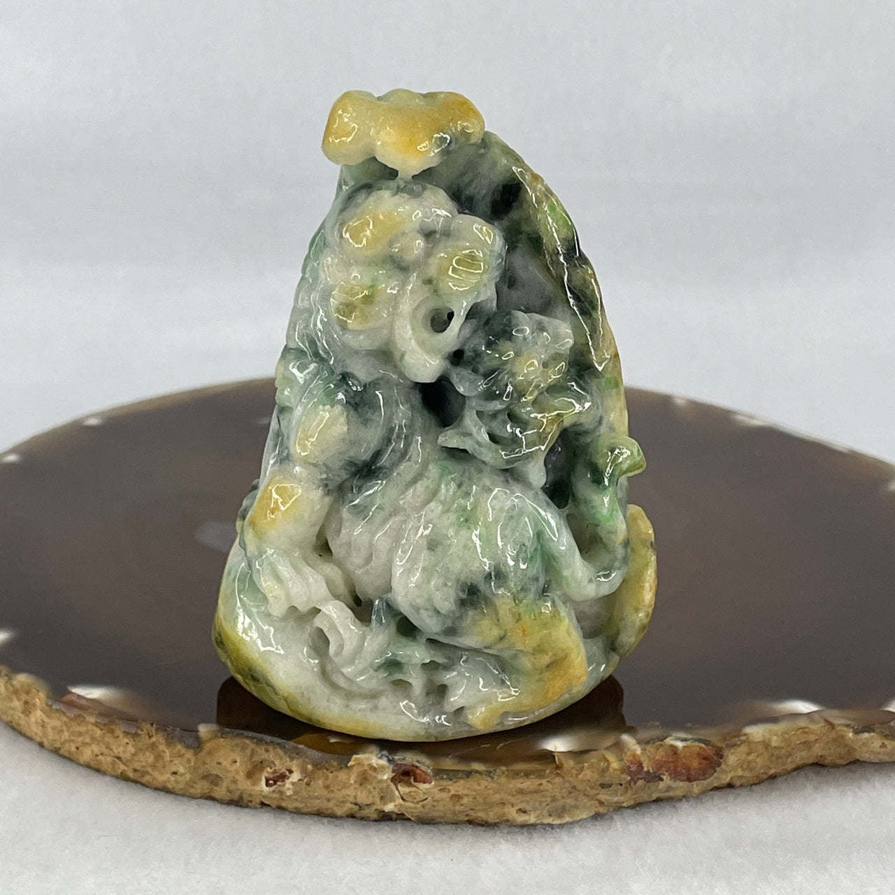 Certified Natural Type A Green with Lavender and Yellow Piao Hua Jadeite Up Mountain Tiger Display 221.31g 74.6 by 55.0 by 39.0mm