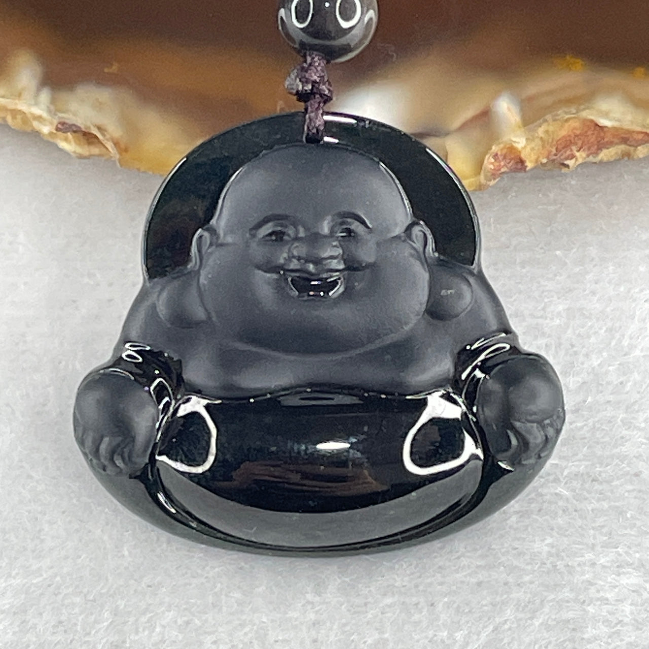 Good Grade Fully Translucent Type A Black Jadeite Milo Laughing Buddha Pendant 13.61g 28.4 by 30.8 by 6.8mm