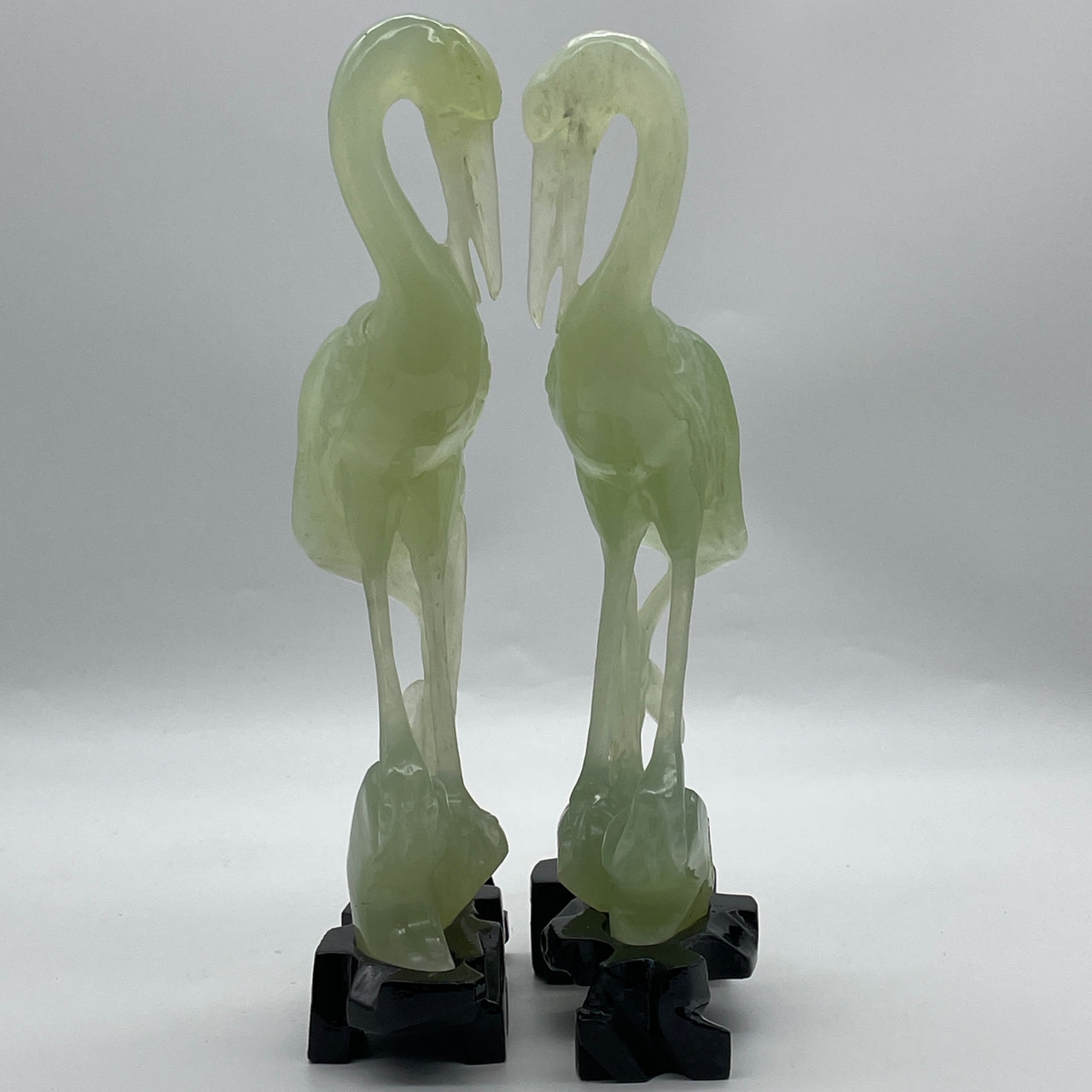 Natural Green Serpentine Pai of Crane with Wooden Stand Display 899.9g Each About 446.0 by 125.0 by 65.0 by 235.0mm