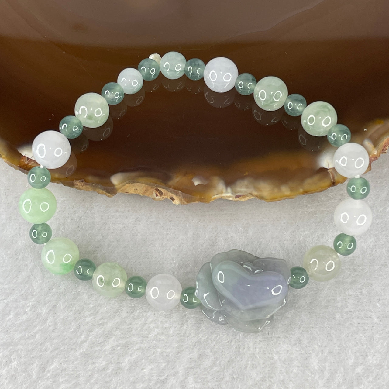 Natural Type A Blueish Green Jadeite Peony Flower 18.4x154.3x11.3mm Amulet Bracelet | 16cm Petite 7.0mm Round Genuine Jade Bead Harmony Strand (14.57g 12 Beads)