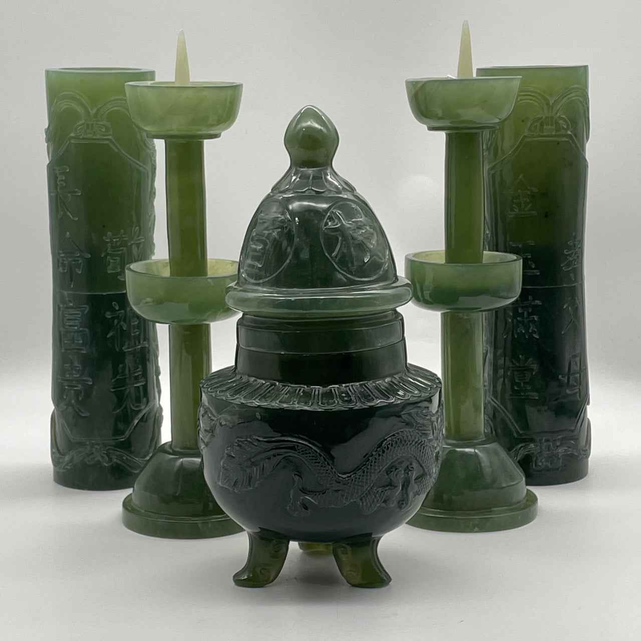 Natural Semi Icy Dark Green Serpentine Set of 5 Vase with Pair of Candle Light and Pair of Flower Vase Display Total 6,345.2g 118.0 by 230.0mm Vase - 80.0 by 270.0mm Light - 678.0 by 245.0mm Flower Vase