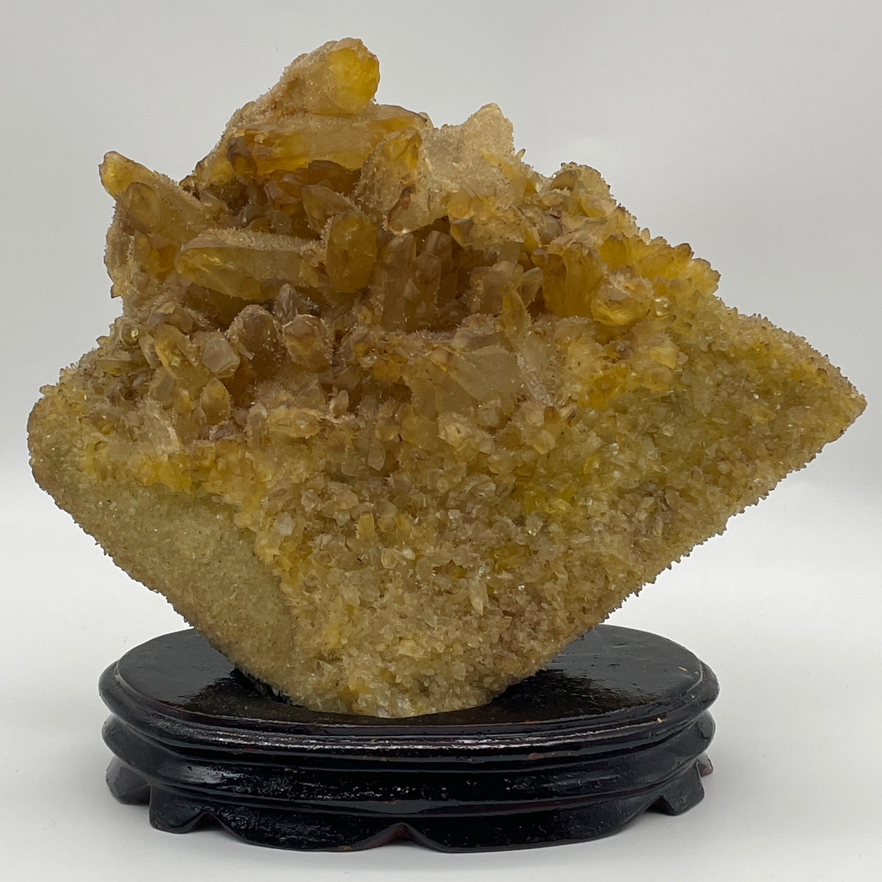 Natural Yellow Ferruginous Quartz Triangle Shape Display with Wooden Stand 3,038.8g 235.0 by 150.0 by 215.0mm