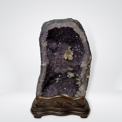 Natural Amethyst with Calcite Display Wooden Stand for Extra Prosperity and Wealth - 24.1kg 460 by 300 by 275mm - Huangs Jadeite and Jewelry Pte Ltd
