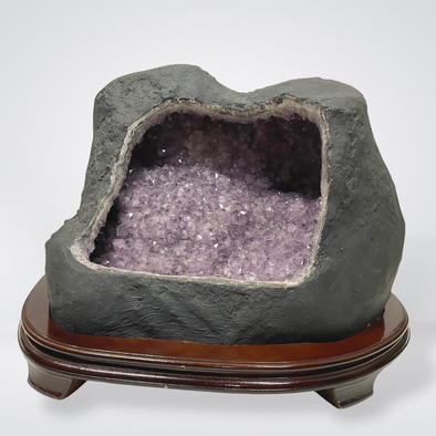 Natural Double Mountain Amethyst Cave Display Wooden Stand for Ultimate Wealth and Prosperity - 41.9kg 420 by 485 by 385mm - Huangs Jadeite and Jewelry Pte Ltd