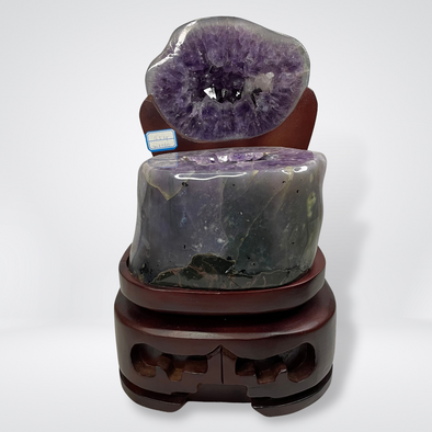 SOLID Rare Full Agate Skin without Cement Natural Amethyst Display Wooden Stand Wealth Pot - 16.5kg 410 by 220 by 210mm - Huangs Jadeite and Jewelry Pte Ltd