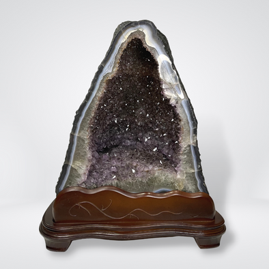 Rare Natural Amethyst with Golden and Black Rutile Display Wooden Stand - 50.4kg 520 by 470 by 380mm - Huangs Jadeite and Jewelry Pte Ltd