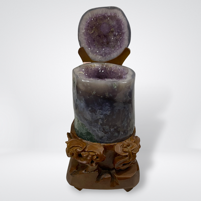 Rare Full Agate without Cement Natural Amethyst with Calcite Display Wooden Stand Wealth Pot - 12.3kg 470 by 180 by 160mm - Huangs Jadeite and Jewelry Pte Ltd