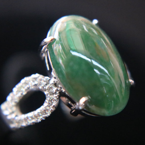 Type A Green Burmese jadeite ring in 18k white gold & natural diamonds 5.43g size US7 - Huangs Jadeite and Jewelry Pte Ltd