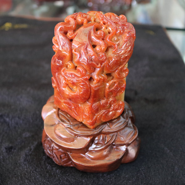 Type A Burmese Jade Jadeite Red, Green & Lavender Dragon Seal Display - 565.0g 54.5 by 50.9 by 94.4mm with NGI cert - Huangs Jadeite and Jewelry Pte Ltd