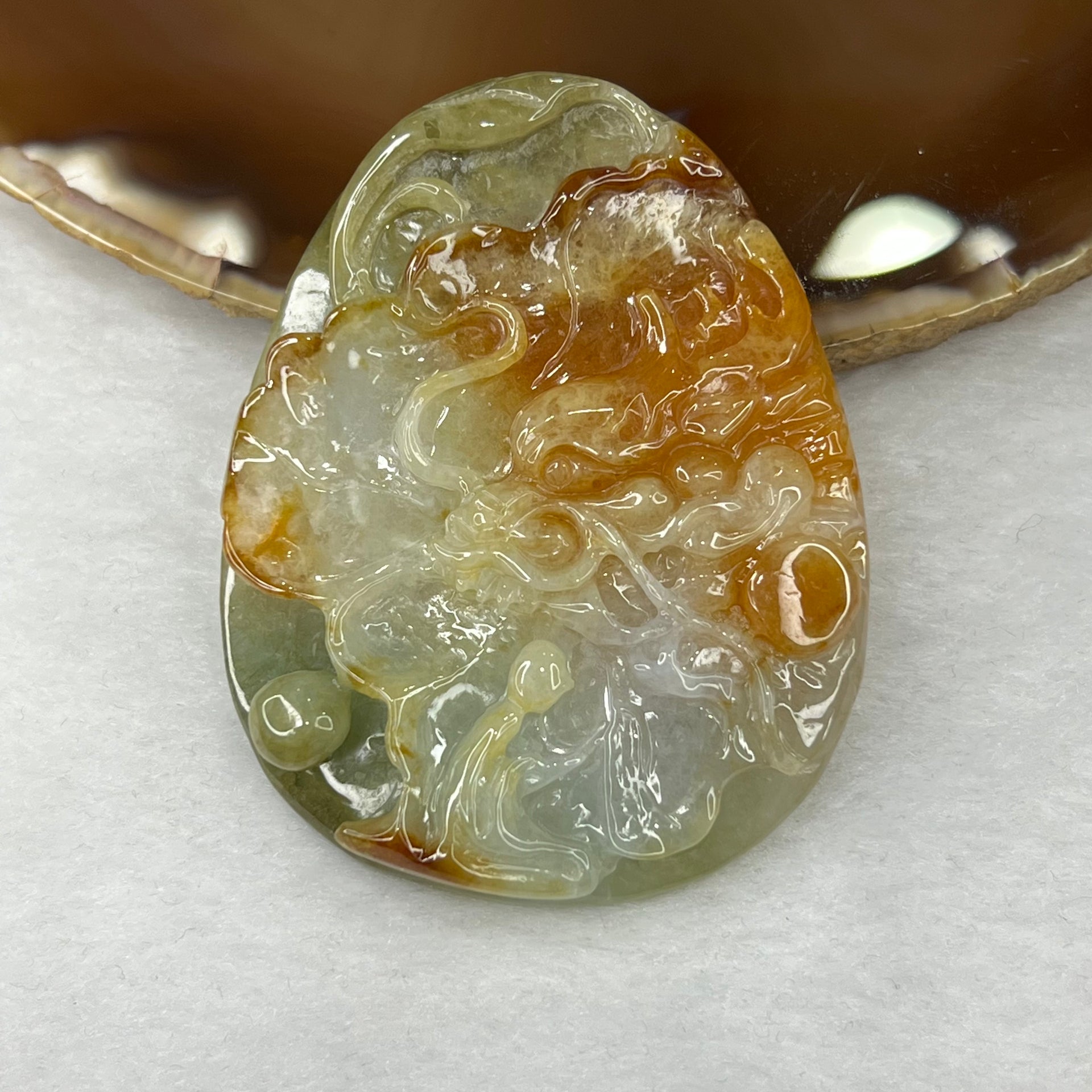 Type A Red and Green Jade Jadeite Dragon Pendant 53.28g 65.2 by 50.6 by 9.9 mm - Huangs Jadeite and Jewelry Pte Ltd