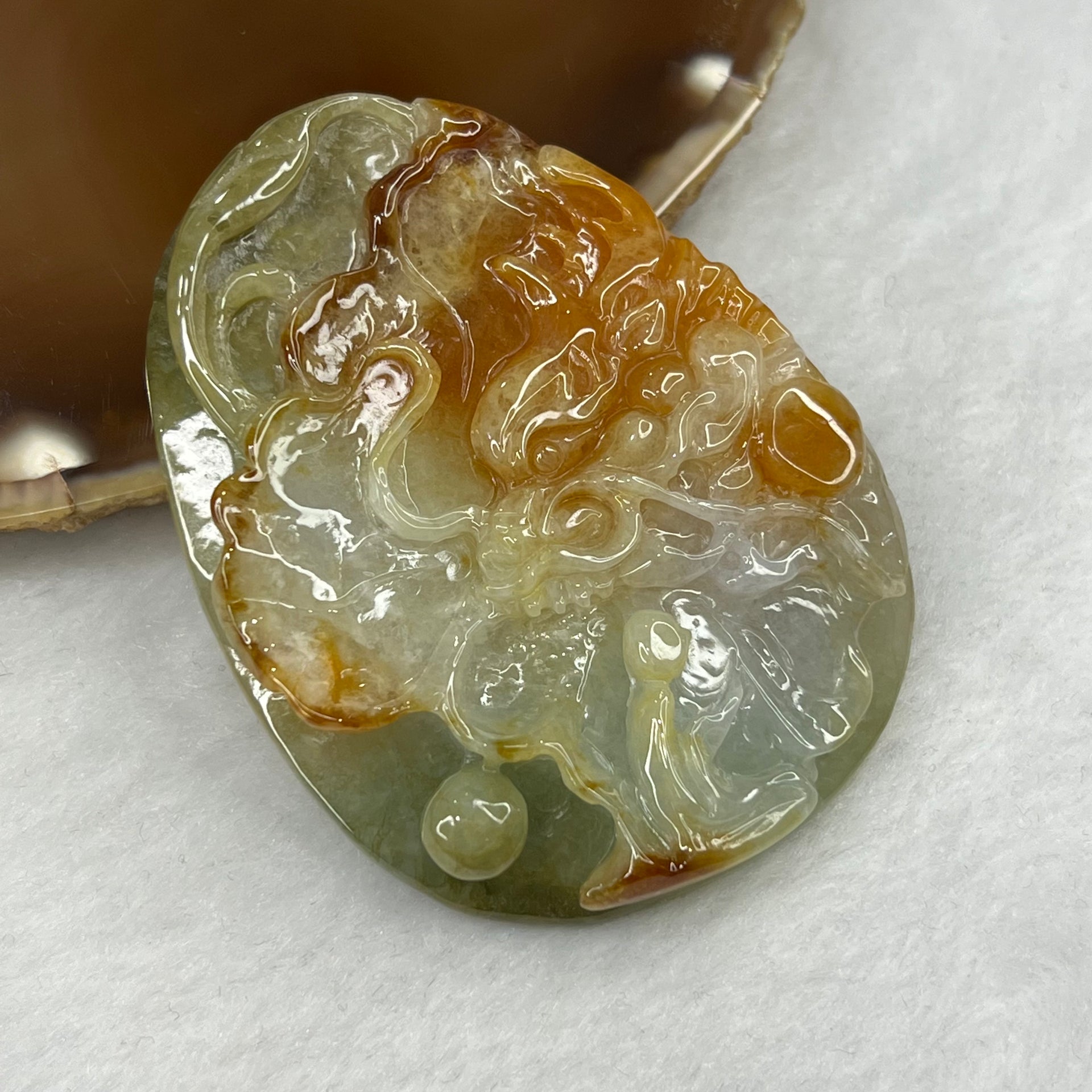 Type A Red and Green Jade Jadeite Dragon Pendant 53.28g 65.2 by 50.6 by 9.9 mm - Huangs Jadeite and Jewelry Pte Ltd