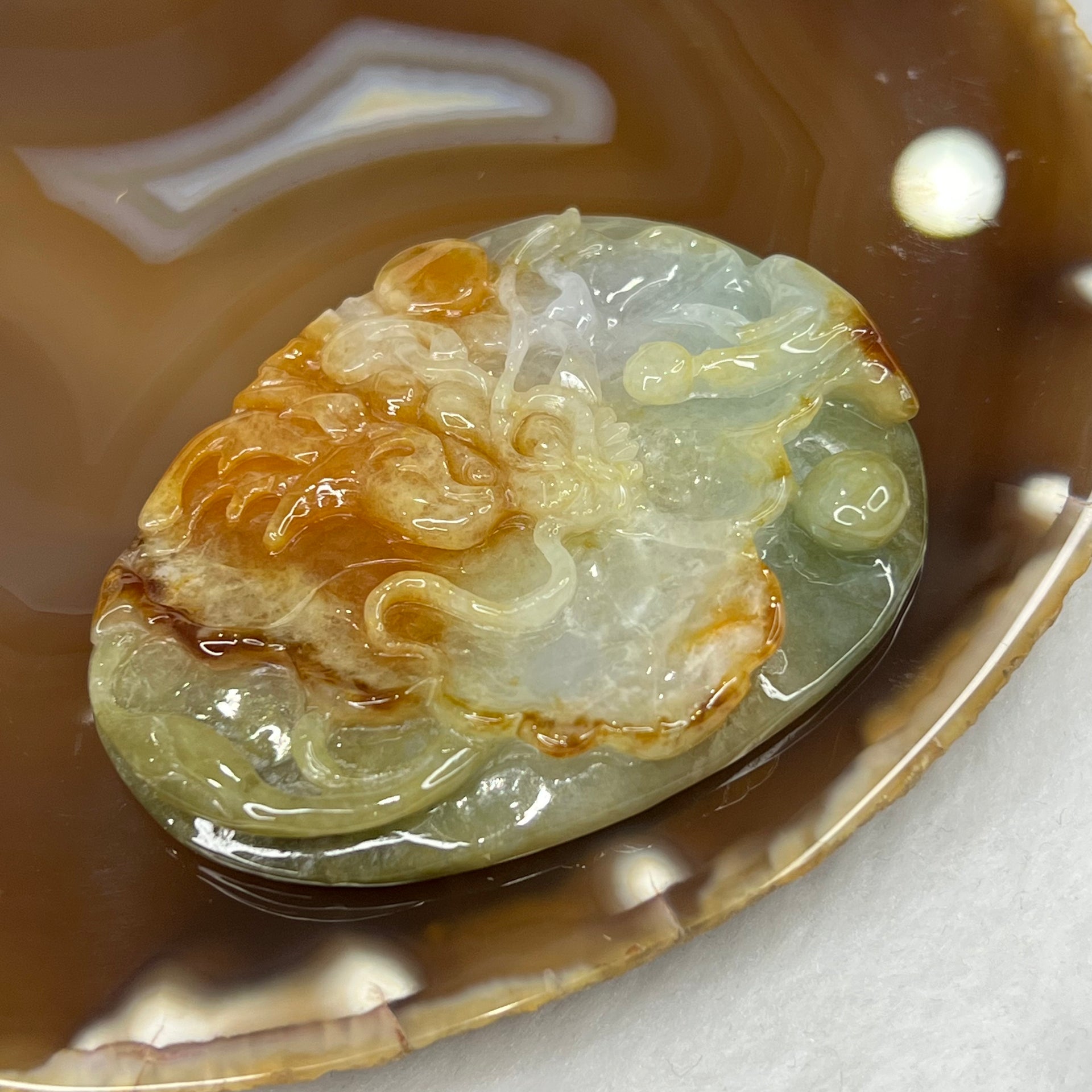 Type A Red and Green Jade Jadeite Dragon Pendant 53.28g 65.2 by 50.6 by 9.9 mm - Huangs Jadeite and Jewelry Pte Ltd