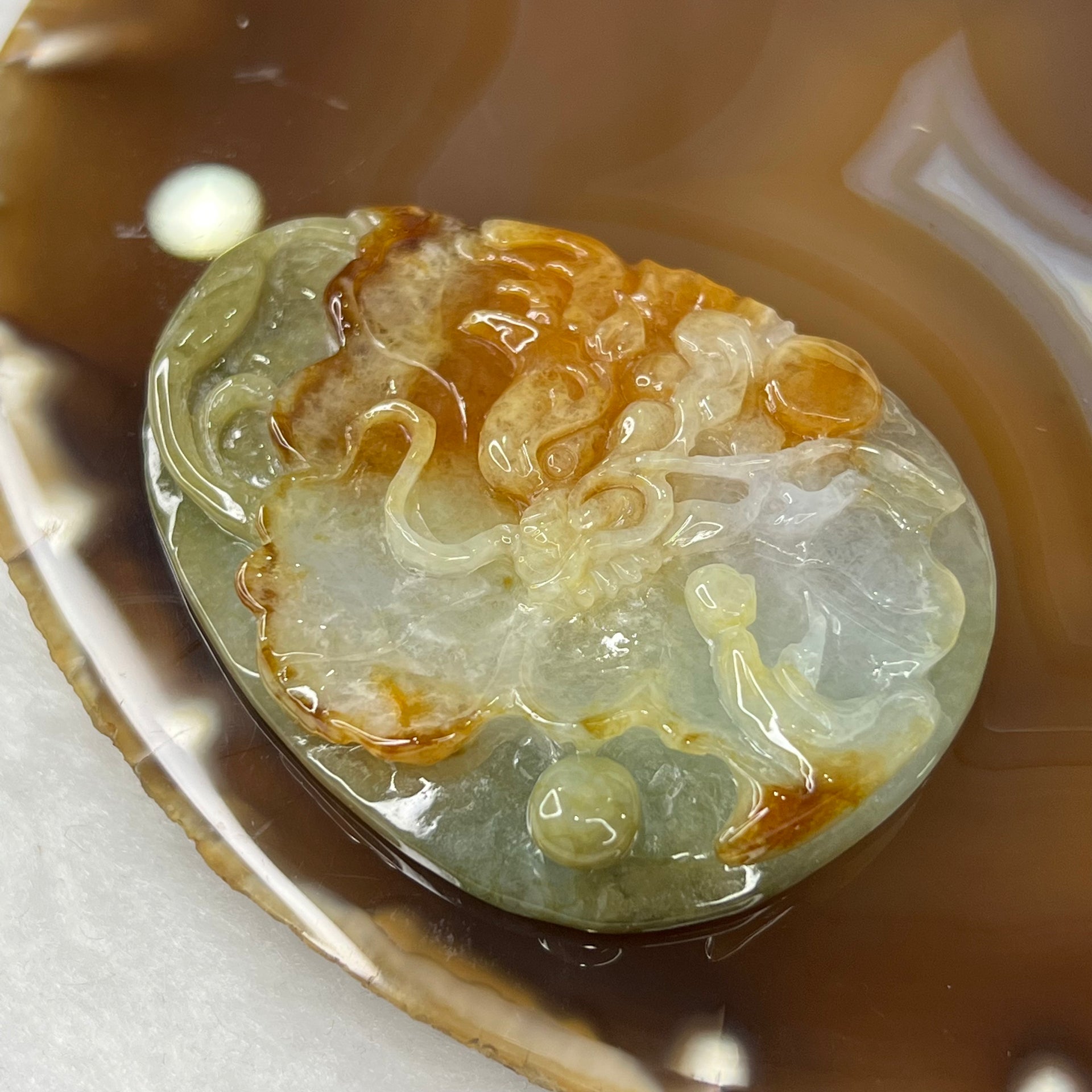 Type A Red and Green Jade Jadeite Dragon Pendant 53.28g 65.2 by 50.6 by 9.9 mm - Huangs Jadeite and Jewelry Pte Ltd