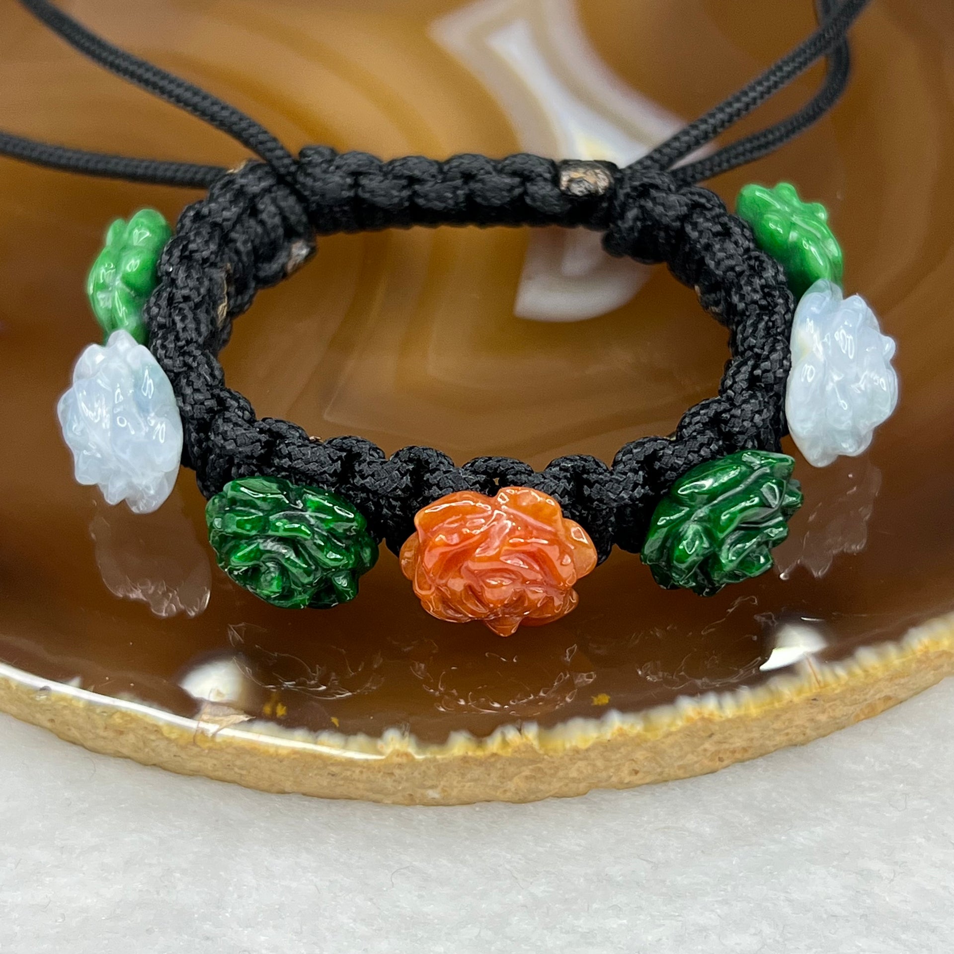 Type A Green and Red Jade Jadeite Flower Bracelet 14.34g 12.2 by 12.2 by 4.1 mm - Huangs Jadeite and Jewelry Pte Ltd