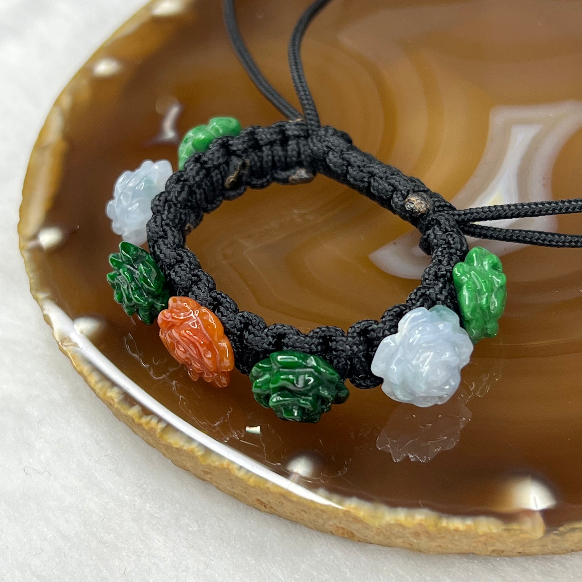 Type A Green and Red Jade Jadeite Flower Bracelet 14.34g 12.2 by 12.2 by 4.1 mm - Huangs Jadeite and Jewelry Pte Ltd