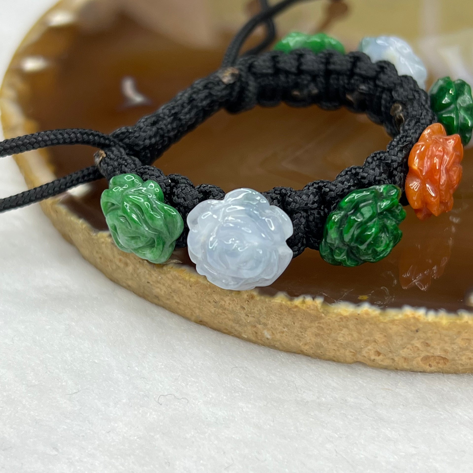 Type A Green and Red Jade Jadeite Flower Bracelet 14.34g 12.2 by 12.2 by 4.1 mm - Huangs Jadeite and Jewelry Pte Ltd