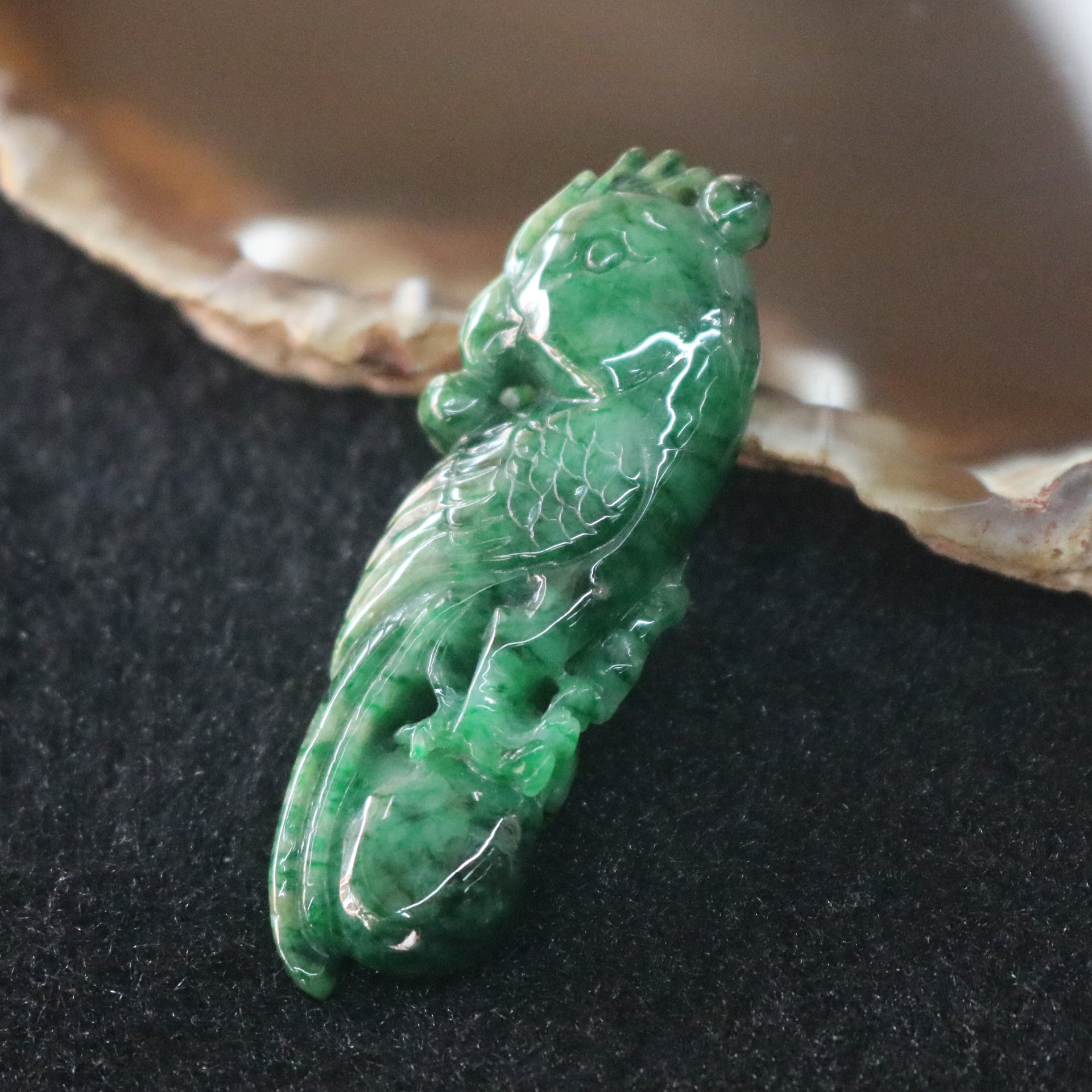Type A Burmese Jade Jadeite Parrot Pendant with NGI cert - 13.13g L49.8 W18.0 D8.8mm - Huangs Jadeite and Jewelry Pte Ltd