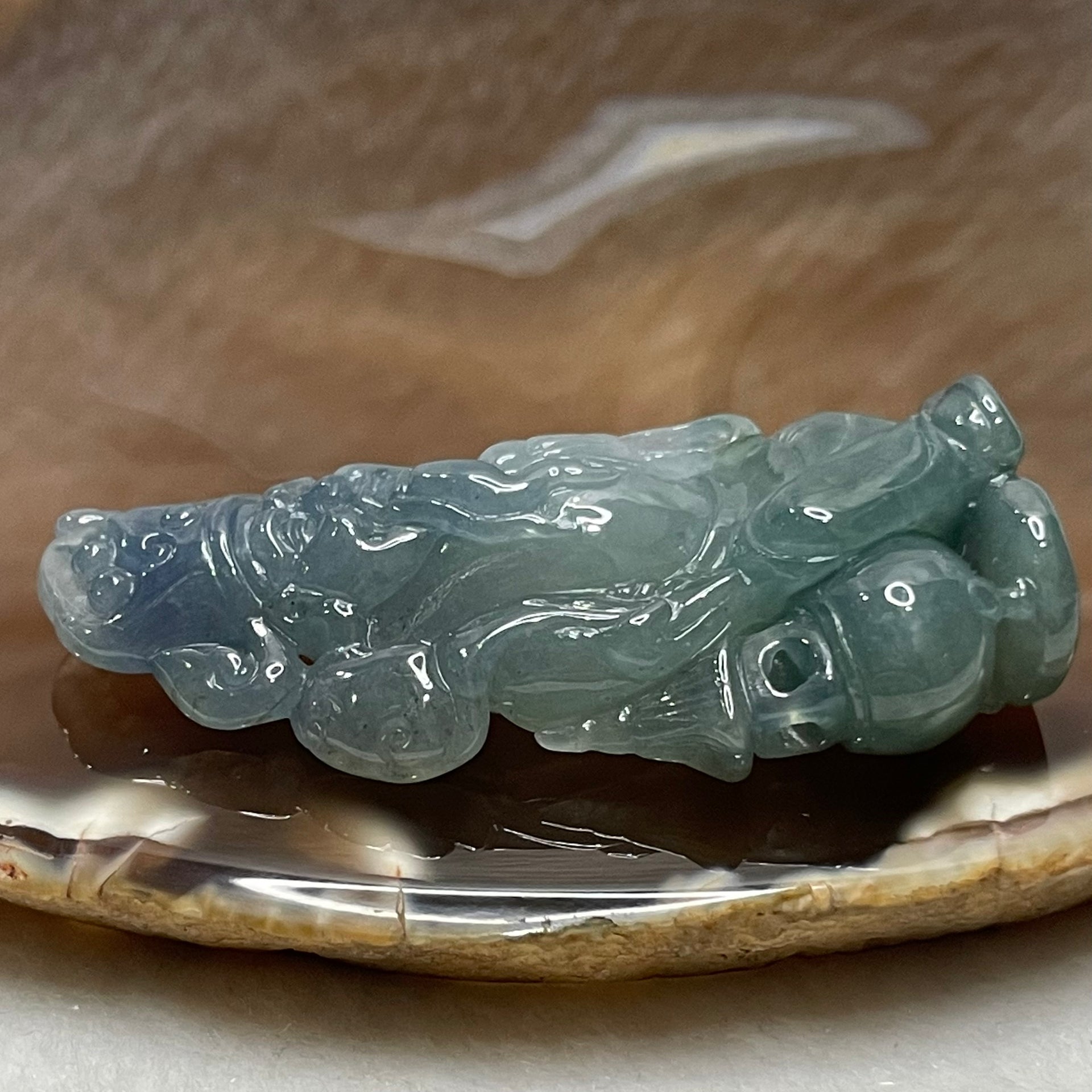 18K Gold Rare Type A Lavender & Blueish Green Jade Jadeite Cai Sheng Ye Pendant for Ultimate Wealth with NGI Cert - 30.9g 59.0 by 28.9 by 12.8mm - Huangs Jadeite and Jewelry Pte Ltd