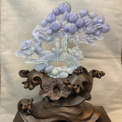 Rare Type A Deep Lavender Jadeite Gui Ren with Longevity Peaches & Lotus 470.0g 23.0 by 19.0 by 1.36cm with wooden stand 2285g 25.0 by 12.0 by 32.0cm - Huangs Jadeite and Jewelry Pte Ltd