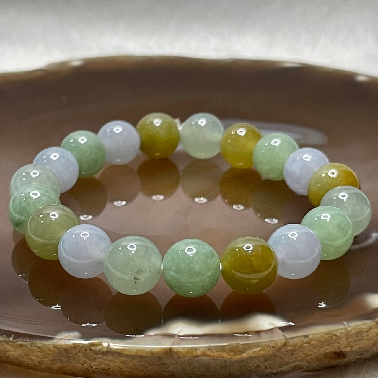 Type A Faint Lavender, Green & Yellow Jade Jadeite Beads Bracelet - 28.74g 10.0mm/bead 19 beads - Huangs Jadeite and Jewelry Pte Ltd