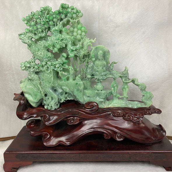 Rare Full Apple Green Buddha & Disciple Shan Shui Display 2,490g 300.0 by 230.0mm by 60.0mm with wooden stand 2,345g Total 4,835g 350.0 by 350.0 by 120.0mm - Huangs Jadeite and Jewelry Pte Ltd