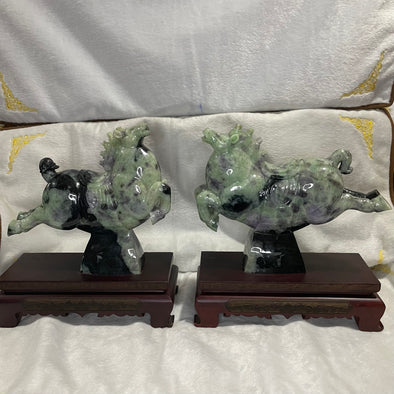 Type A Lavender & Green Jade Jadeite Pair of Horses 马到成功 马上成功 马上发财 with Wooden Stand Display Piece - 9.53kg Dimensions with Stand: 30 by 28 by 12cm Jade Dimensions: 28 by 24 by 9cm - Huangs Jadeite and Jewelry Pte Ltd