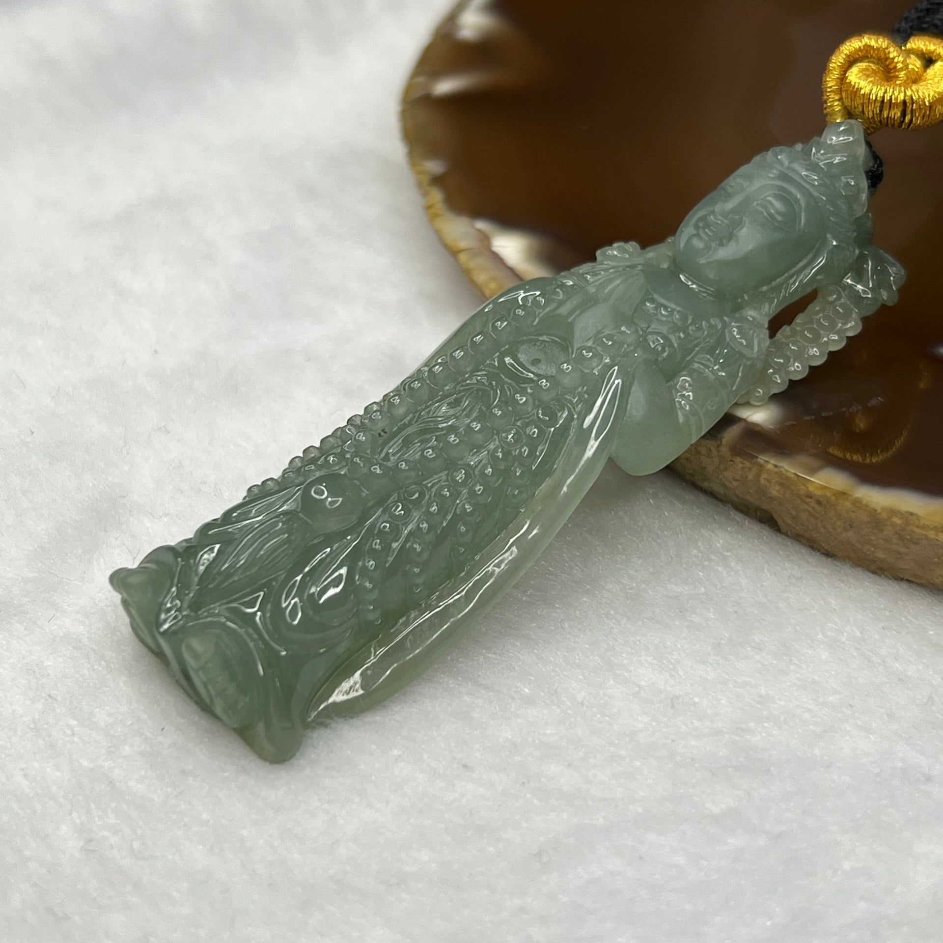 RARE 3D Carving Type A Semi Icy Green Jade Jadeite Standing Guan Yin Pendant - 35.9g 73.9 by 23.7 by 11.7mm - Huangs Jadeite and Jewelry Pte Ltd