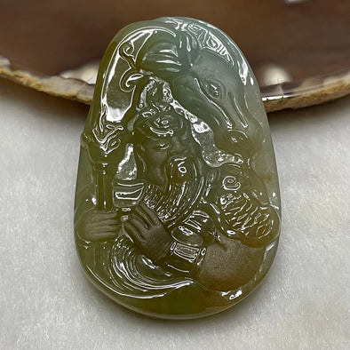 Type A Brownish Yellow with Green Jade Jadeite Guan Gong on Champion Stallion 29.02g 54.2 by 35.7 by 7.6mm - Huangs Jadeite and Jewelry Pte Ltd