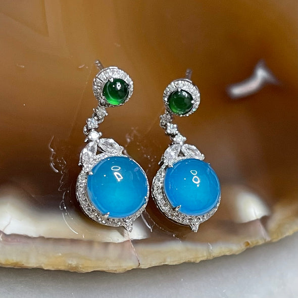 RARE Type A Blue Jade Jadeite Earring 18k white gold, natural diamonds & white sapphires 2.52g 21.7 by 8.7 by 5.2mm - Huangs Jadeite and Jewelry Pte Ltd