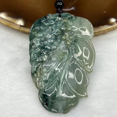 Rare Type A Denim Blue, Green with Yellow Jade Jadeite Leaf Pendant with Flowers - 45.10g 62.4 by 41.3 by 8.9 mm - Huangs Jadeite and Jewelry Pte Ltd