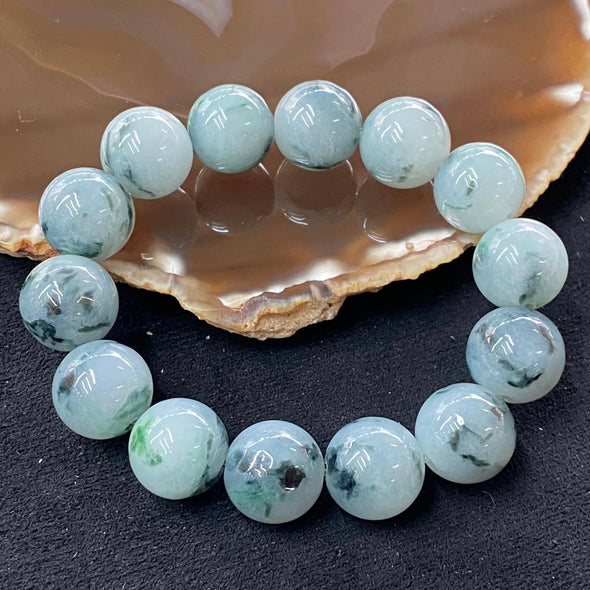 Type A Blueish Green Jade Jadeite Beads Bracelet - 81.88g 15.1mm/bead 14 beads - Huangs Jadeite and Jewelry Pte Ltd