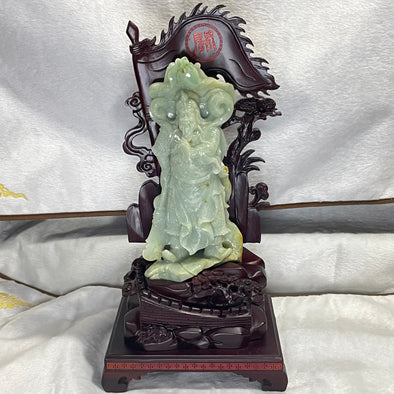 Type A Green with Yellow Spots Jade Jadeite Standing Guan Gong 义薄云天 旗开得胜 with Wooden Stand and Victory Flag - 2.56kg Dimensions with Stand: 45 by 23 by 17cm Jade Dimensions: 27 by 14 by 8cm - Huangs Jadeite and Jewelry Pte Ltd