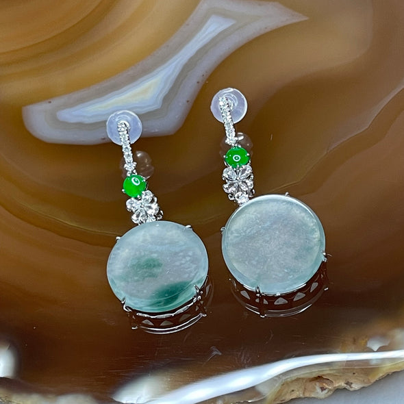 Type A Semi Icy Jade Jadeite Earrings 18k White gold, diamonds & white sapphires 5.08g 33.6 by 14.8 by 5.2mm - Huangs Jadeite and Jewelry Pte Ltd
