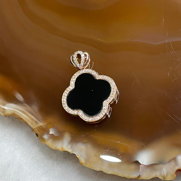Type A Translucent Black Jade Jadeite Pendant 18k Rose gold & natural Diamonds 1.41g 21.5 by 15.5 by 2.2mm - Huangs Jadeite and Jewelry Pte Ltd