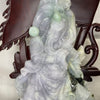 Type A Three Colour Green, Lavender & Yellow Jade Jadeite Standing Guan Gong with Wooden Stand and Victory Flag 义薄云天 旗开得胜 - 3.63kg Dimensions with Stand: 39 by 25 by 15cm Jade Dimensions: 27 by 15 by 7cm - Huangs Jadeite and Jewelry Pte Ltd