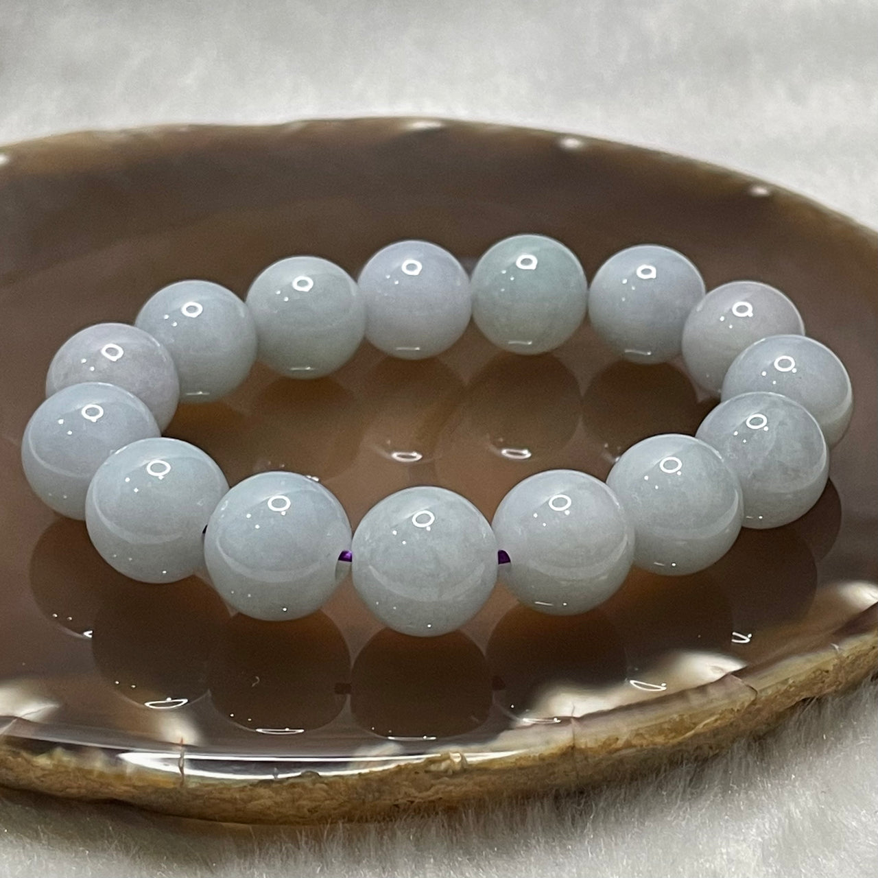 Type A Faint Green & Grey Jade Jadeite Beads Bracelet - 58.31g 13.2mm/bead 15 beads - Huangs Jadeite and Jewelry Pte Ltd