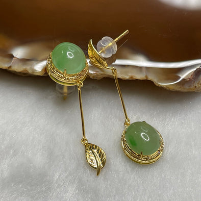 Type A Icy Green Jade Jadeite Earrings 18k Yellow Gold 3.43g 37.7 by 10.7 by 7.1mm - Huangs Jadeite and Jewelry Pte Ltd