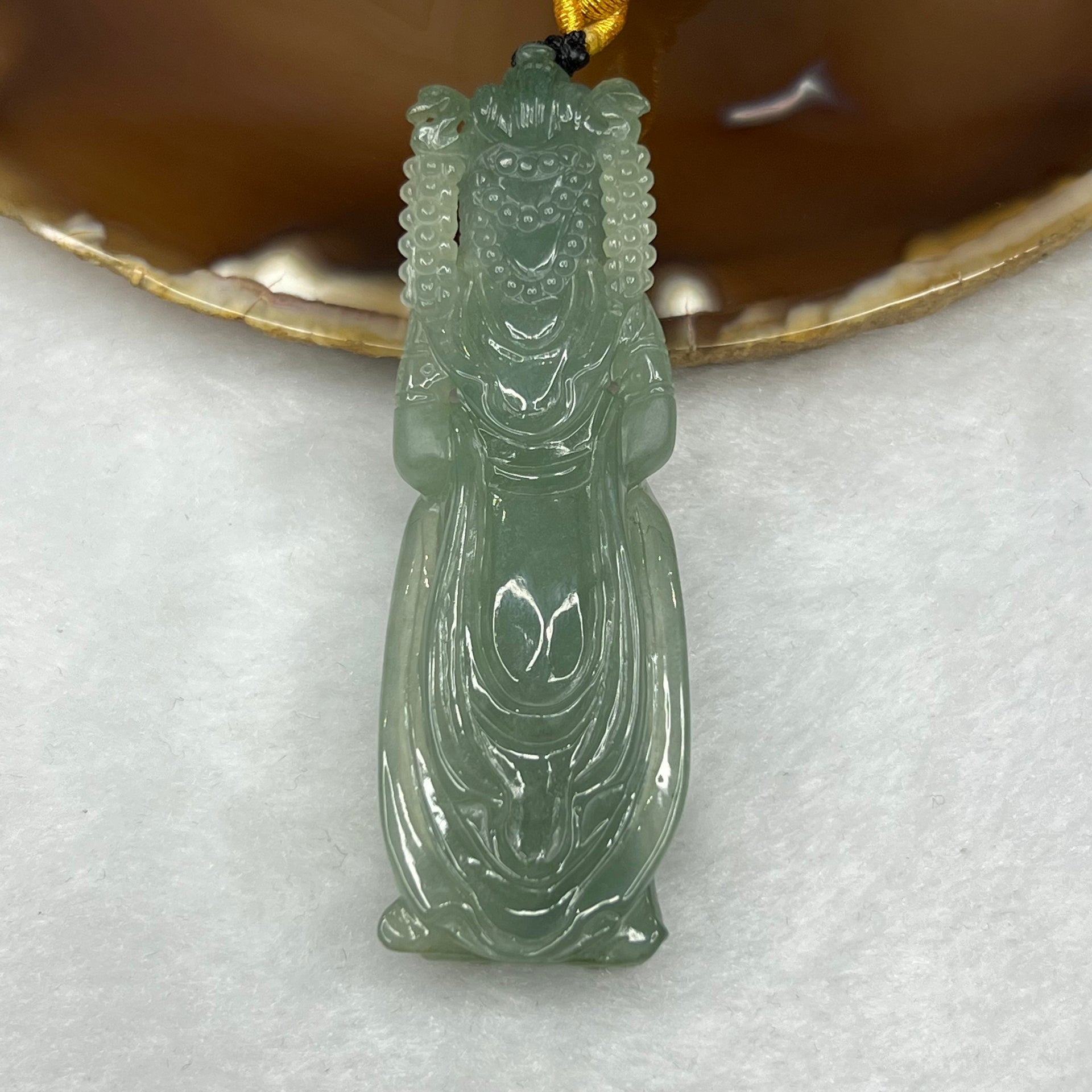 RARE 3D Carving Type A Semi Icy Green Jade Jadeite Standing Guan Yin Pendant - 35.9g 73.9 by 23.7 by 11.7mm - Huangs Jadeite and Jewelry Pte Ltd